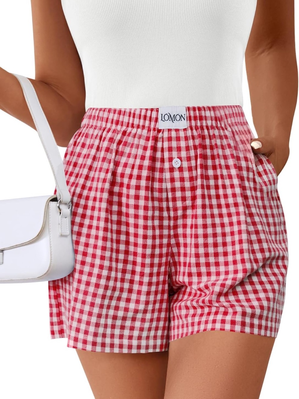 LOMON Red Gingham Elastic Waist Women’s Shorts